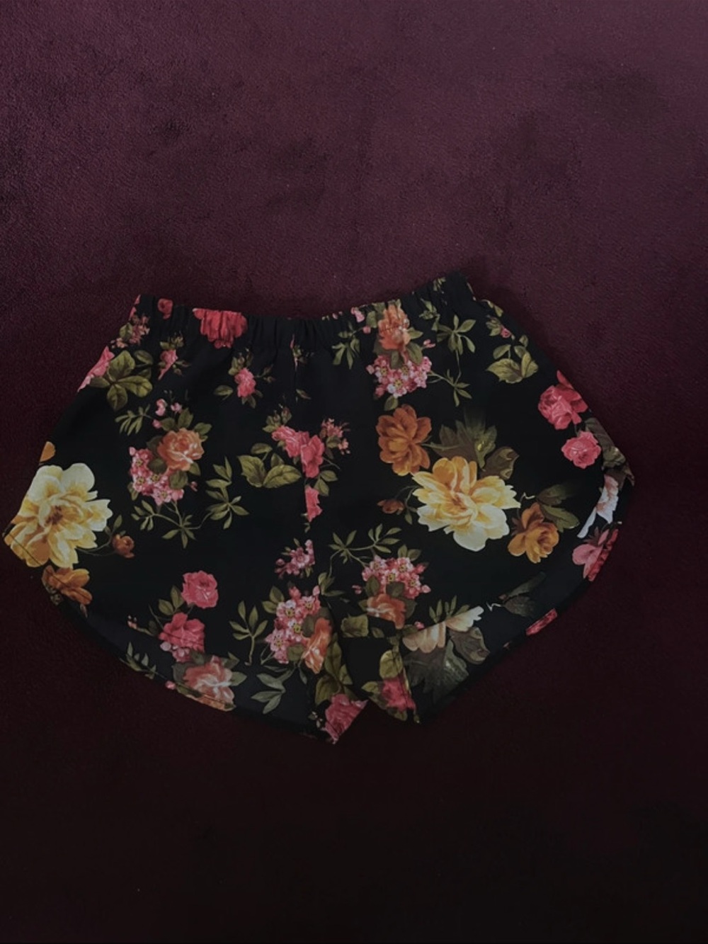 Papaya Black Floral Elastic Waist Athletic Shorts
